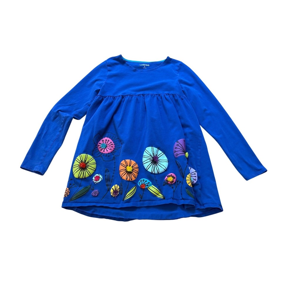 Lands End Floral Tunic Kids Blue Long Sleeve Embroidered Pom Pom SIZE M 10-12